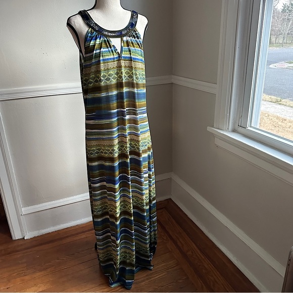 Mlle Gabriel Maxi Dress Bead Embellished Keyhole Neckline Flowy Stripe Print - Picture 9 of 17